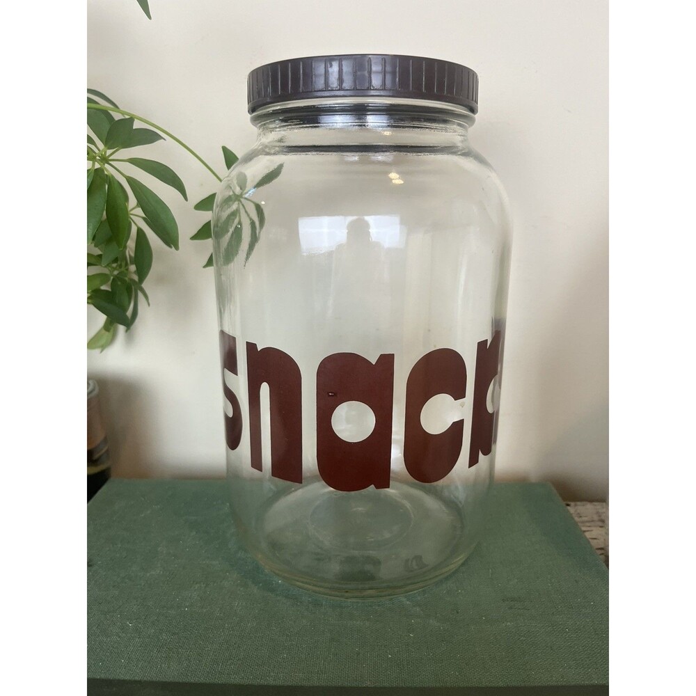 Vintage Retro Snacks Glass Gallon Jar With Lid Brown 70’s Font / Throwback Vibe